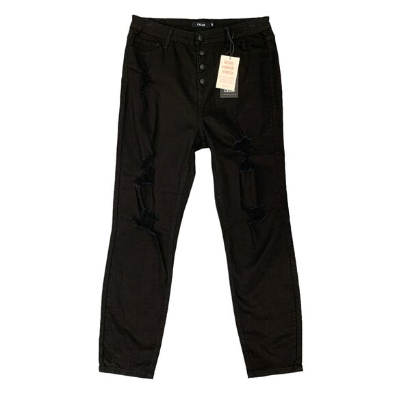 Cello Jeans Womens 13 Black Skinny Deluxe Comfort Stretch Distressed Button Fly - Picture 1 of 13